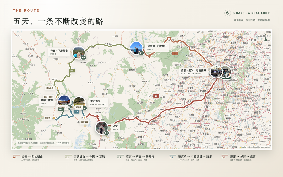 Eva 与 Martin 五天川西行程真实道路环线地图，从成都出发，经四姑娘山、丹巴、塔公、新都桥、康定、泸定后回到成都