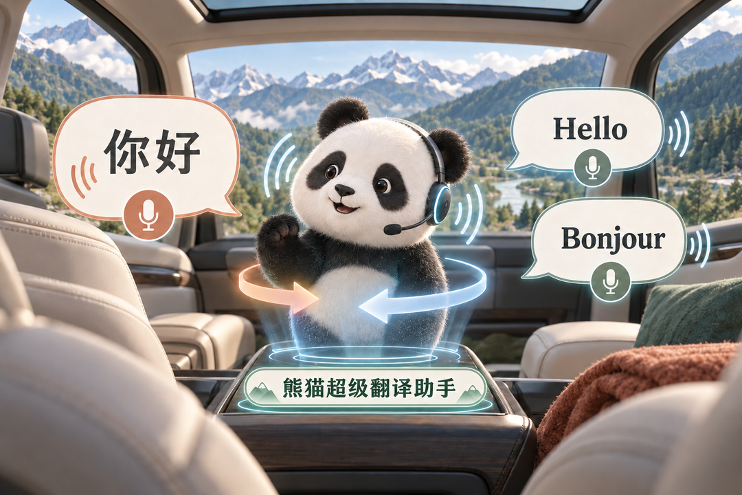 熊猫超级翻译助手原创概念形象，以中文、英文、法文气泡和麦克风表现实时翻译功能